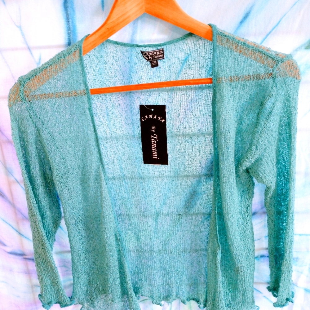 Cahaya Tie Wrap Crochet Seafoam Blue Cardigan Shrug Crop Top OS